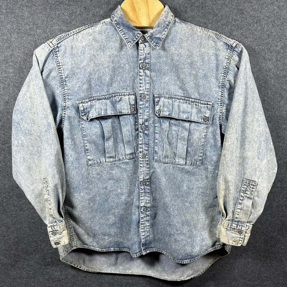 Vintage EDWIN Acid Wash Denim Button Up Shirt Men's XL Long Sleeve Two Pocket